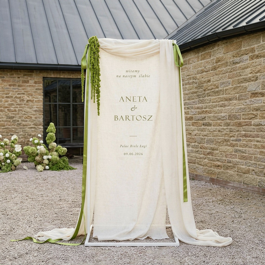 Tablica powitalna, na tkaninie PISTACJOWE WZGÓRZE ,,Cisza Wzgórza''