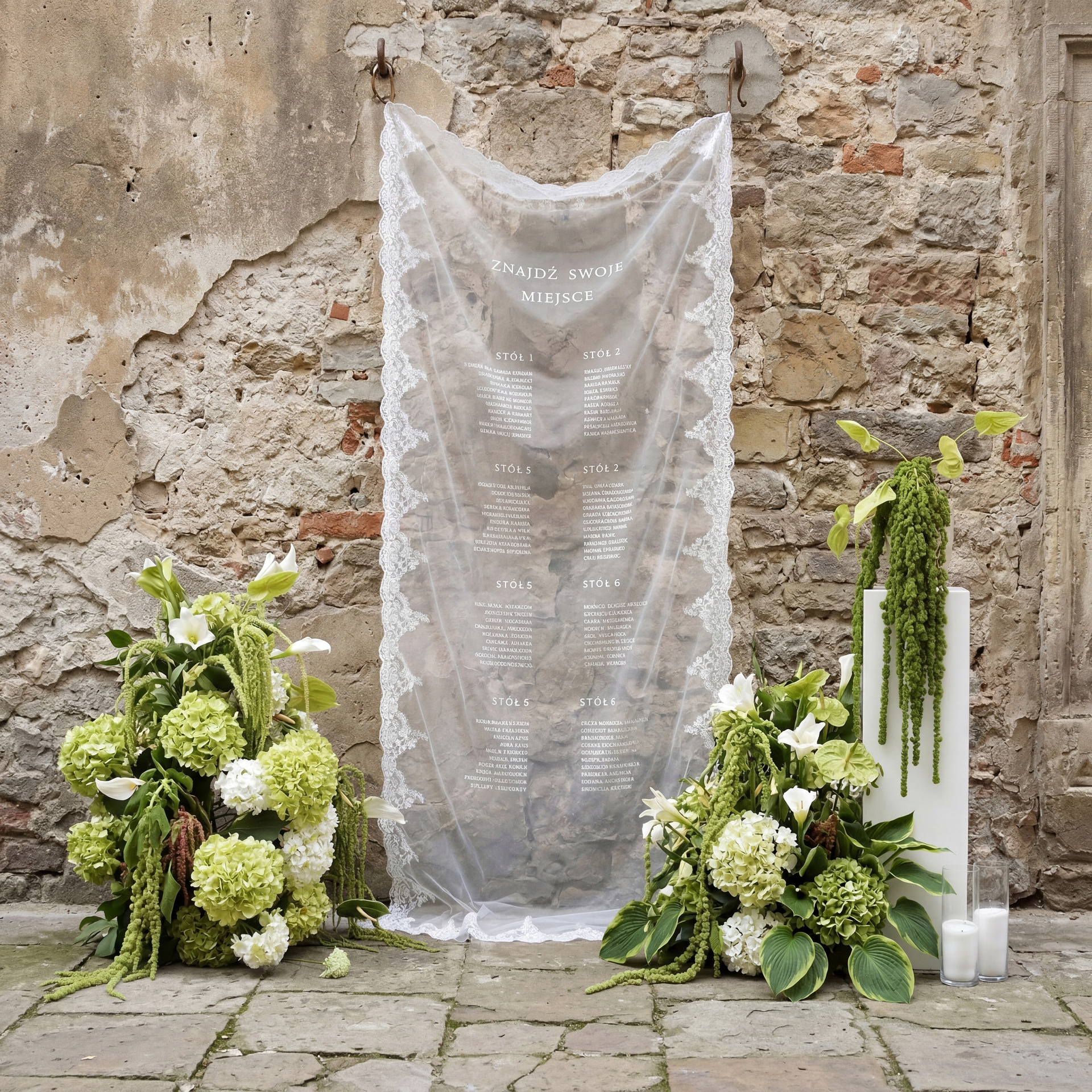 Tablica ślubna plan stołów na tiulu 250x100 z koronką Mgła Pośród Wzgórz